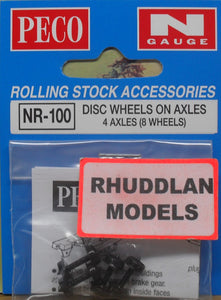 PECO NR-100 N GAUGE DISC WHEELS ON AXLES - (PRICE INCLUDES DELIVERY)
