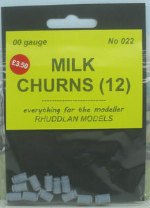 New No.22 OO gauge milk churns (12) unpainted.