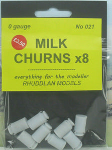 New No.21 O gauge milk churns x8 unpainted.