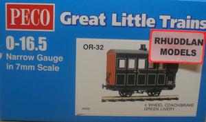 PECO GREAT LITTLE TRAINS OR-32 0-16.5 NARROW GAUGE 4 WHEEL BOX COACH/BRAKE GREEN LIVERY - (PRICE INCLUDES DELIVERY)